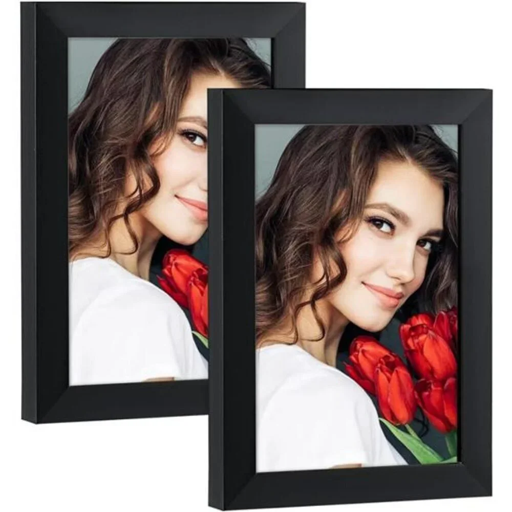 Black wood 4x6 picture frame set of 2 tabletop or wall photo display with plexig